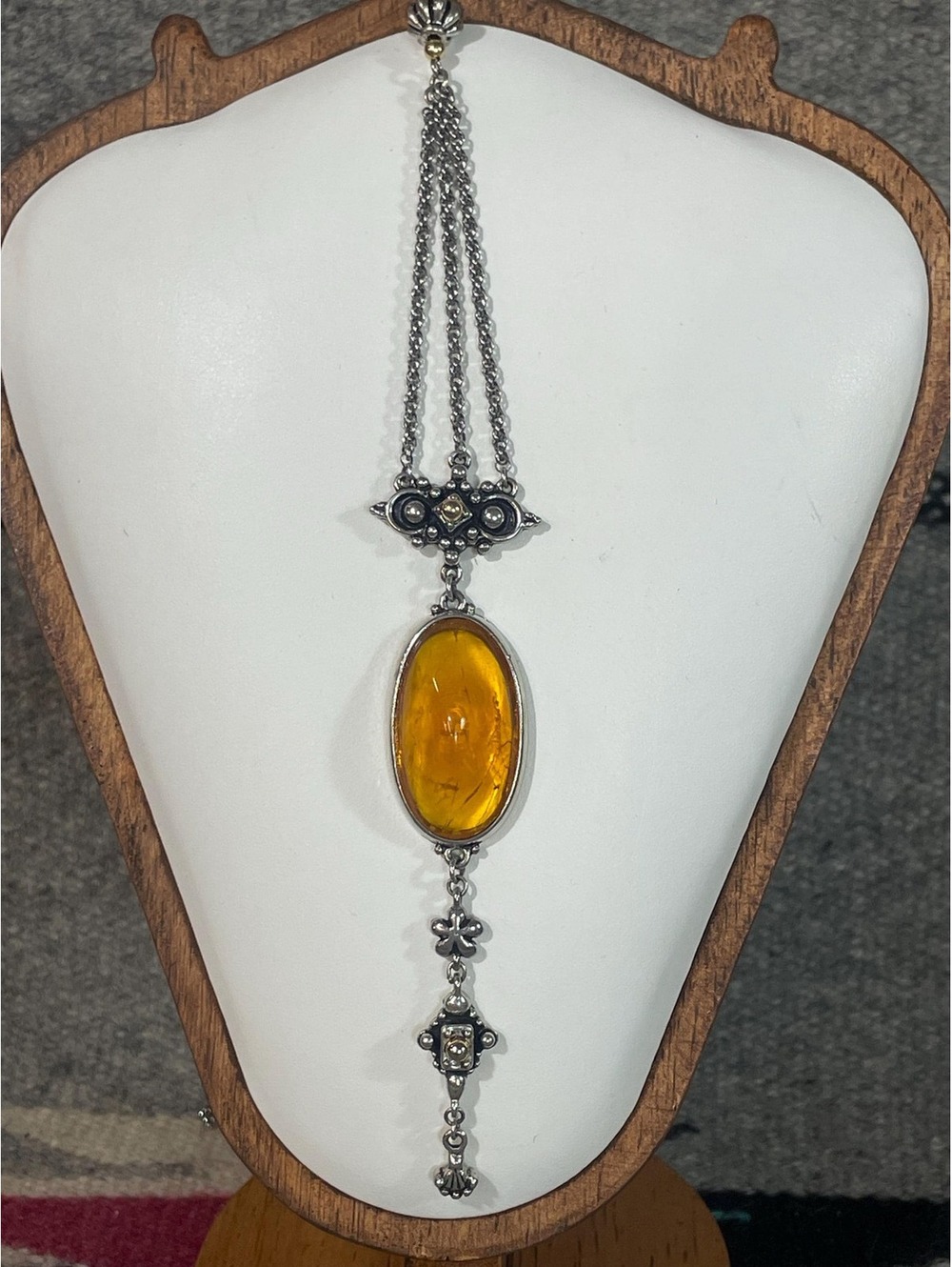 Vintage Baltic Amber and Sterling Silver Drop Pendant Necklace Art Deco vibes